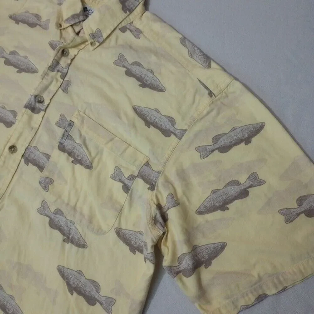 Columbia Men's Large Shirt Yellow Button Up All Over‎ Fish Cotton Viscose